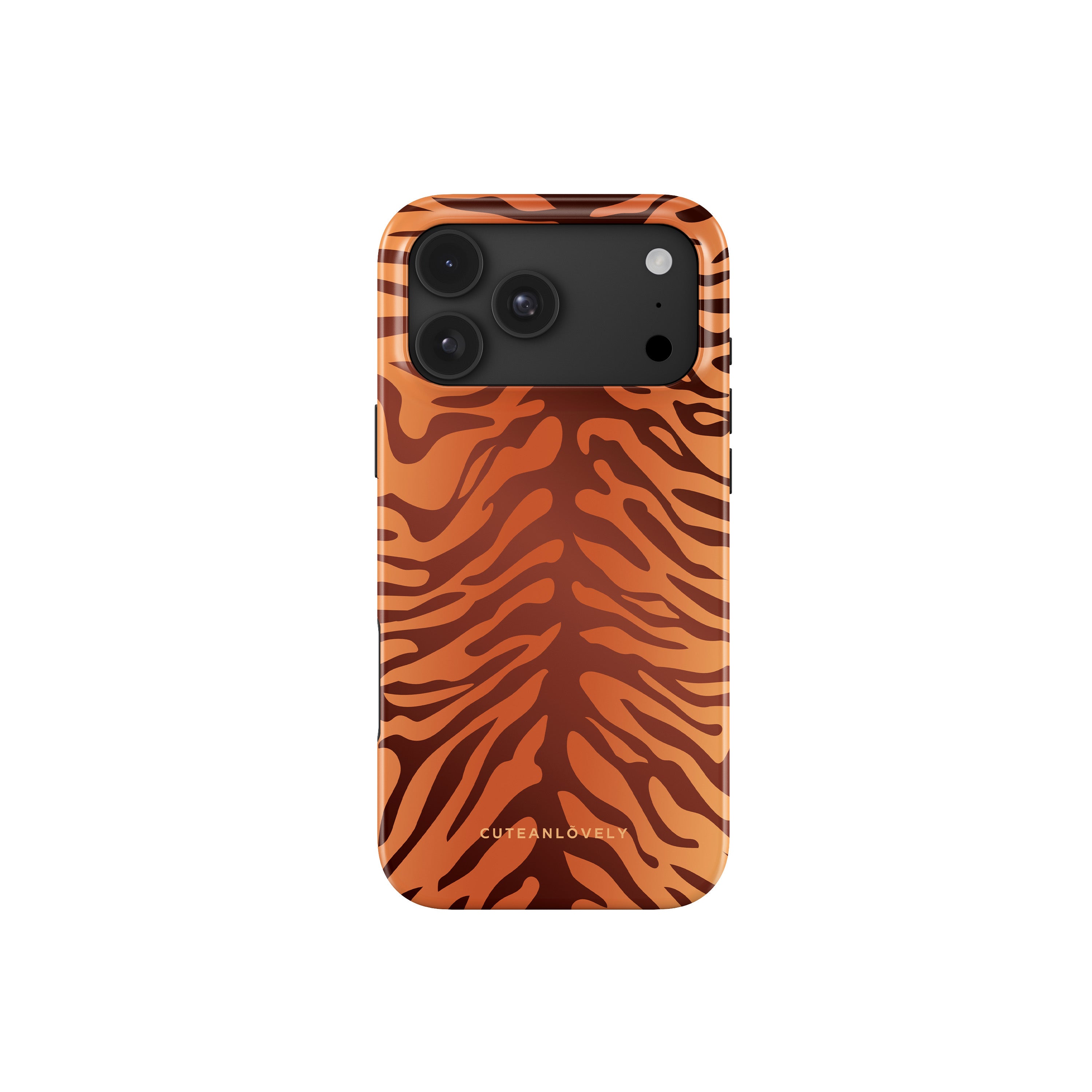 Amber Tiger Print MagSafe case for iPhone 17 Pro Max in bold amber orange and deep brown tiger stripes on glossy orange background, back view - CUTEANLOVELY
 Main image
