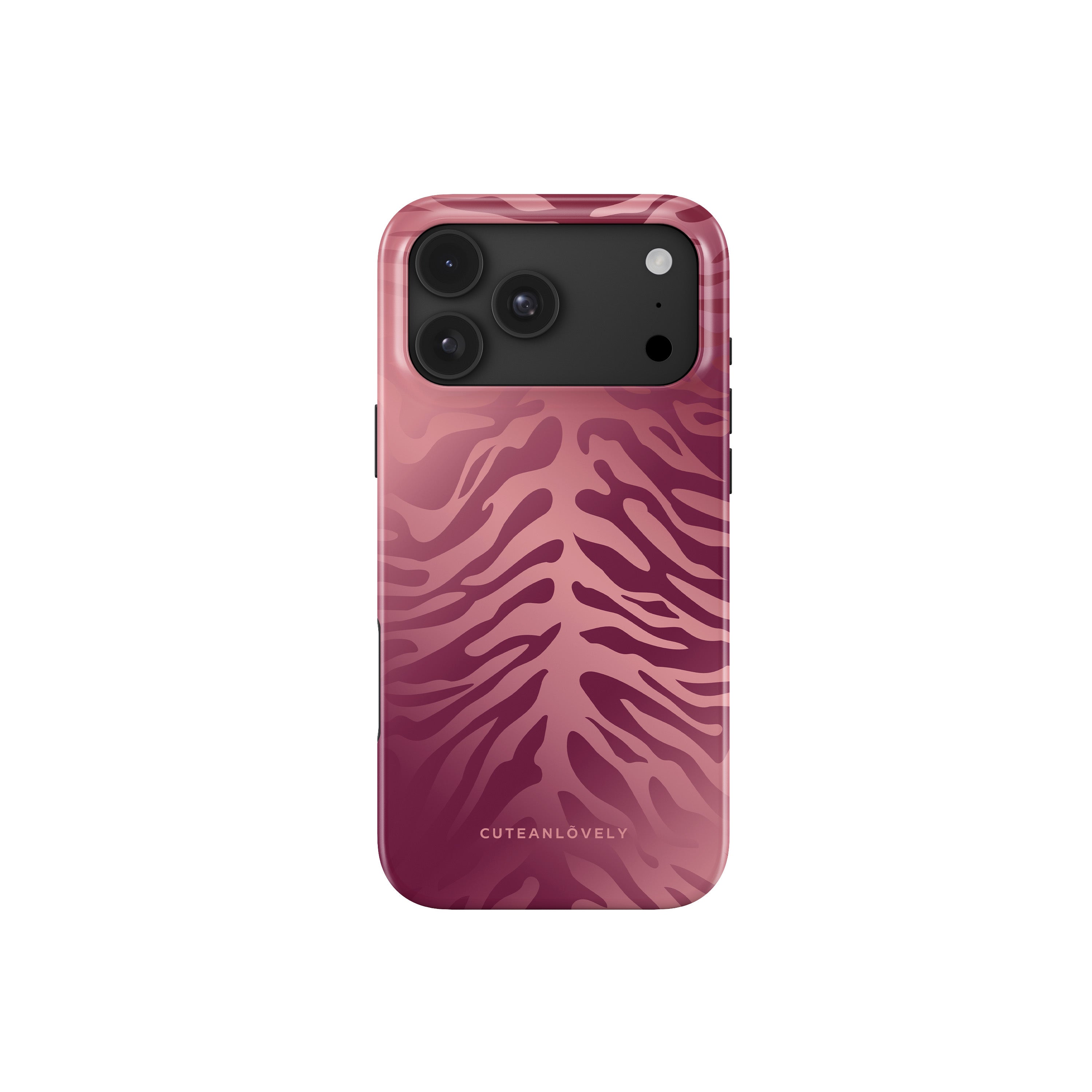 Blush Tiger Print MagSafe case for iPhone 17 Pro Max in deep berry and blush pink tiger stripes on glossy gradient background, back view - CUTEANLOVELY
 Main image