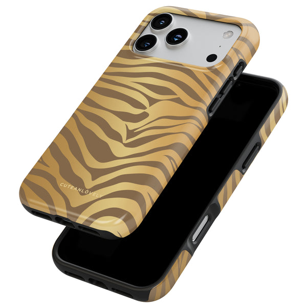 CUTEANLOVELY Golden Zebra Print MagSafe iPhone 17 Pro Case MagSafe Compatible Front Back View