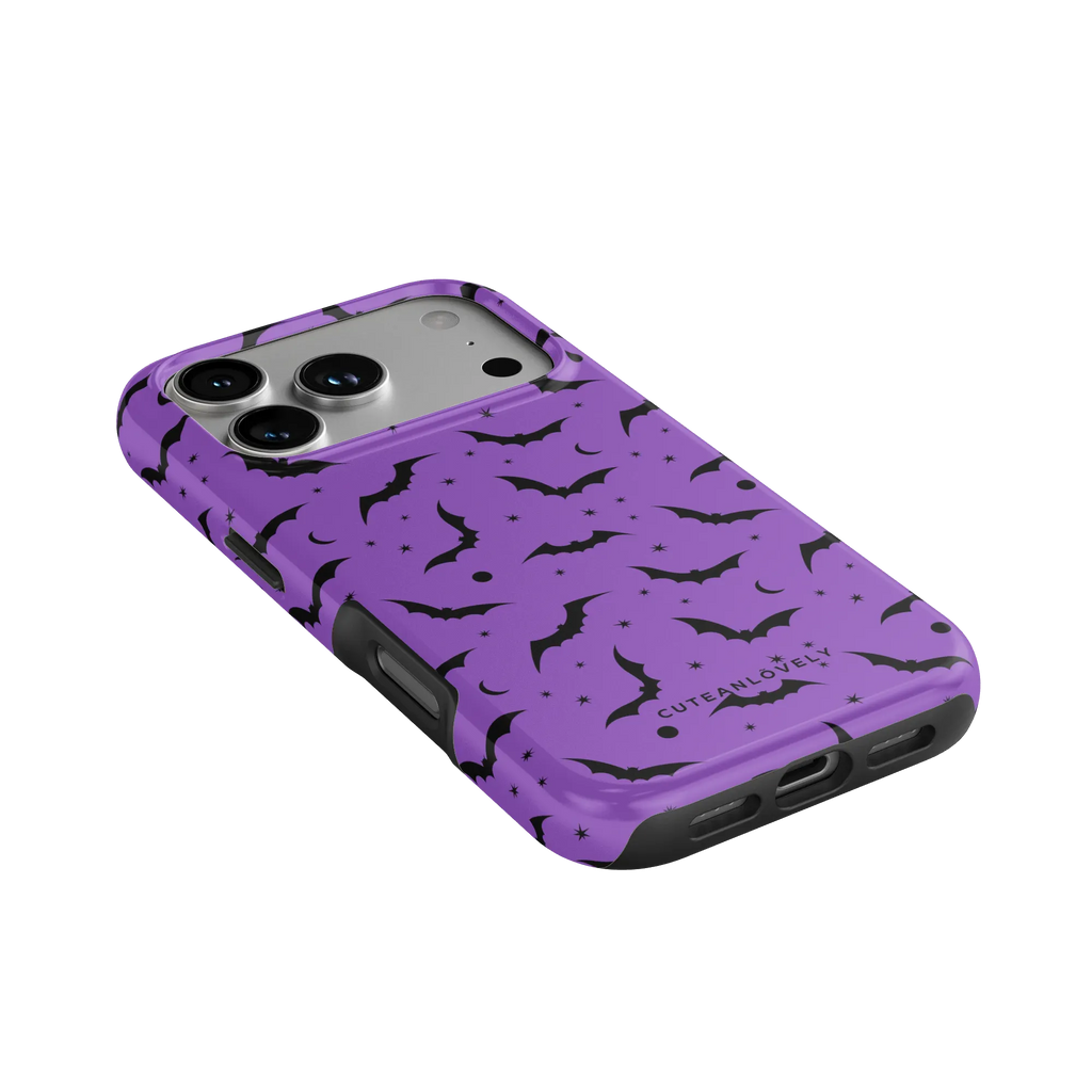 CUTEANLOVELY Purple Bats MagSafe iPhone Case - iPhone 17 Pro - Angled Back View