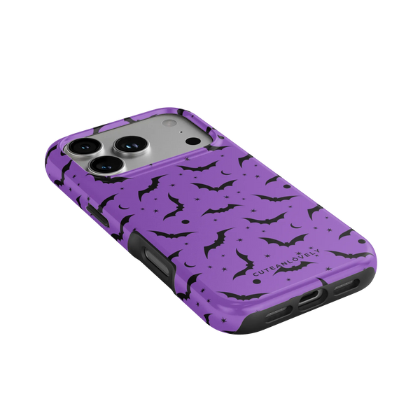 CUTEANLOVELY Purple Bats MagSafe iPhone Case - iPhone 17 Pro - Angled Back View