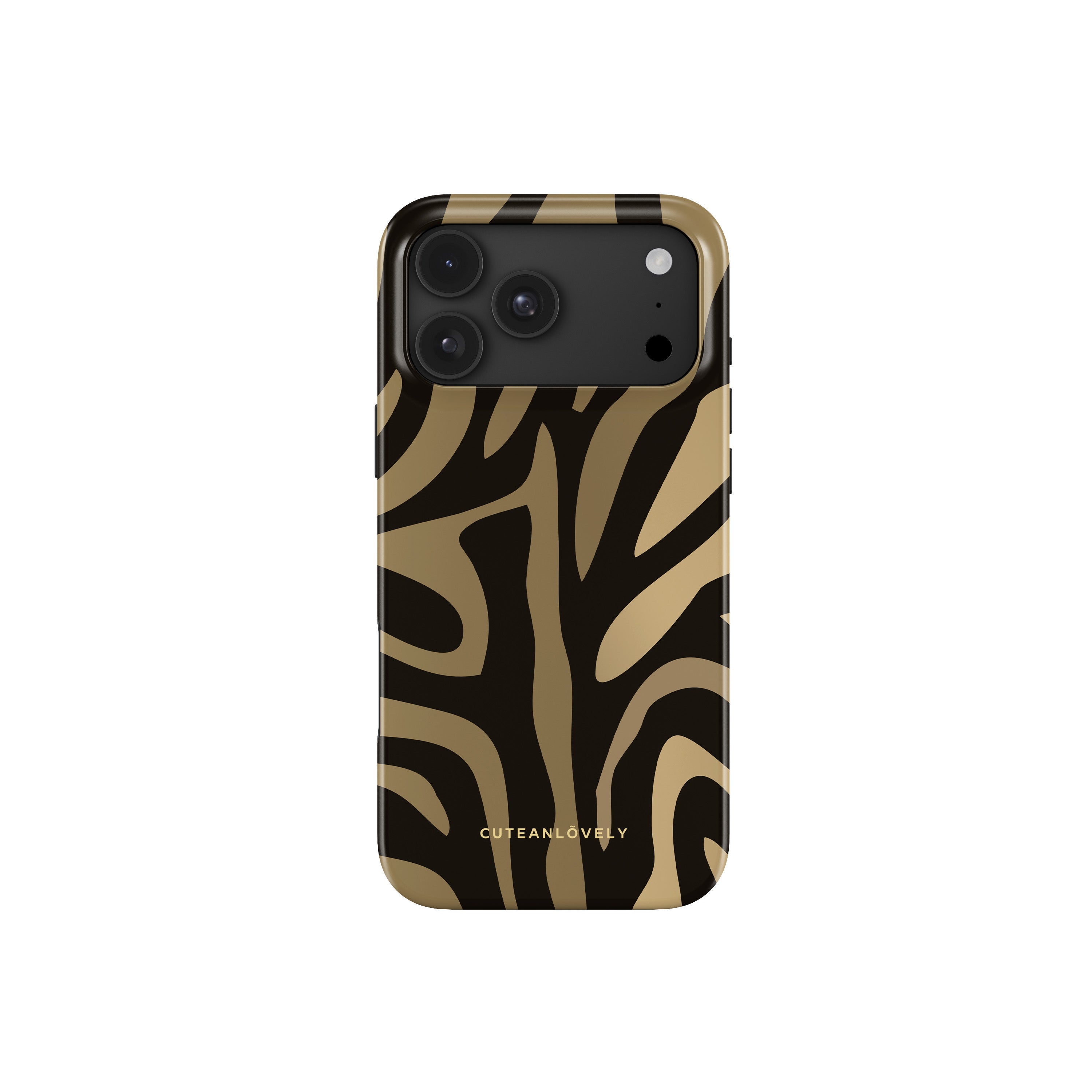 Exotic Zebra Print MagSafe case for iPhone 17 Pro Max in bold gold and black zebra stripes on glossy black background, back view - CUTEANLOVELY
 Main image