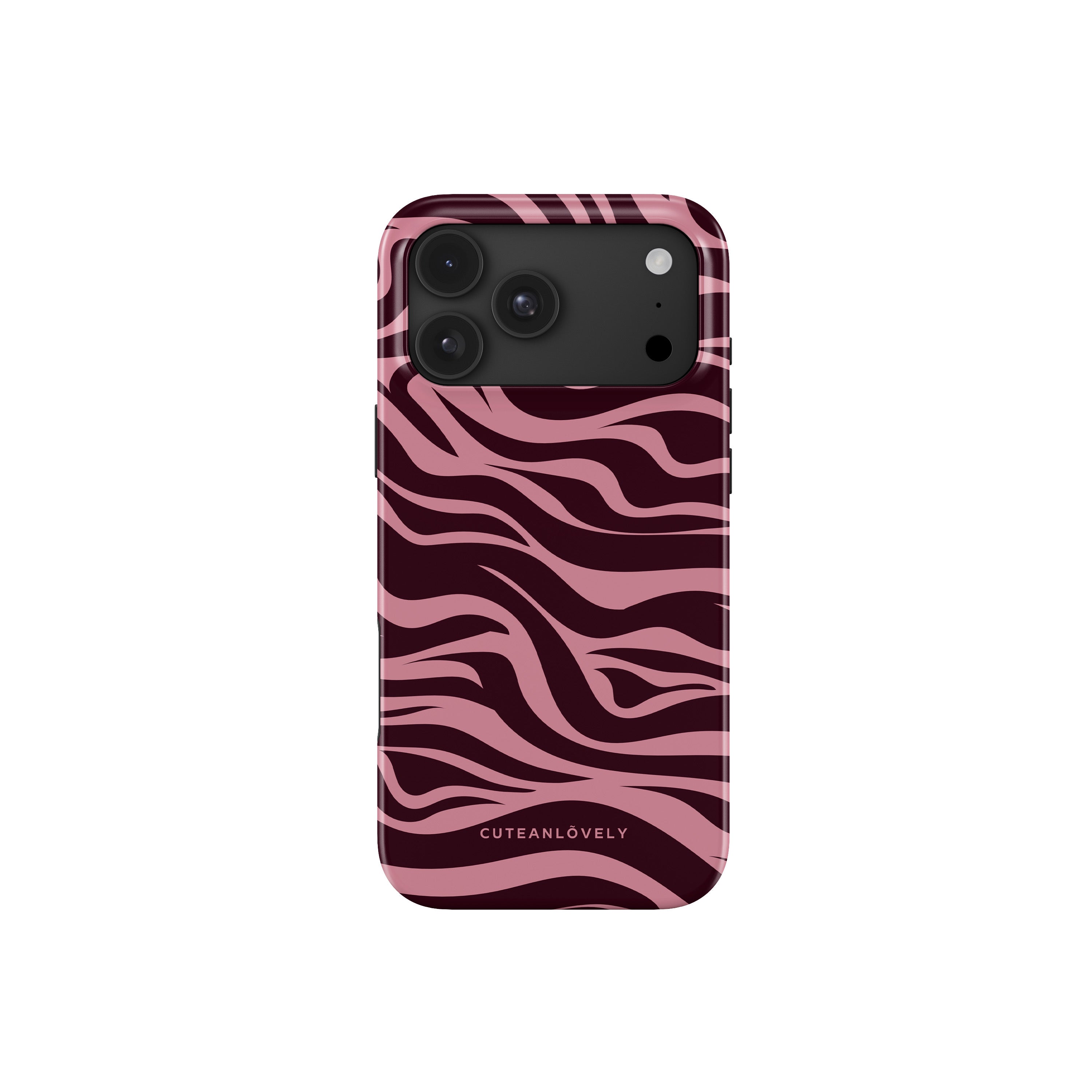 Mirage Zebra MagSafe case for iPhone 17 Pro Max in blush pink zebra stripes on glossy deep burgundy background, back view - CUTEANLOVELY
 Main image