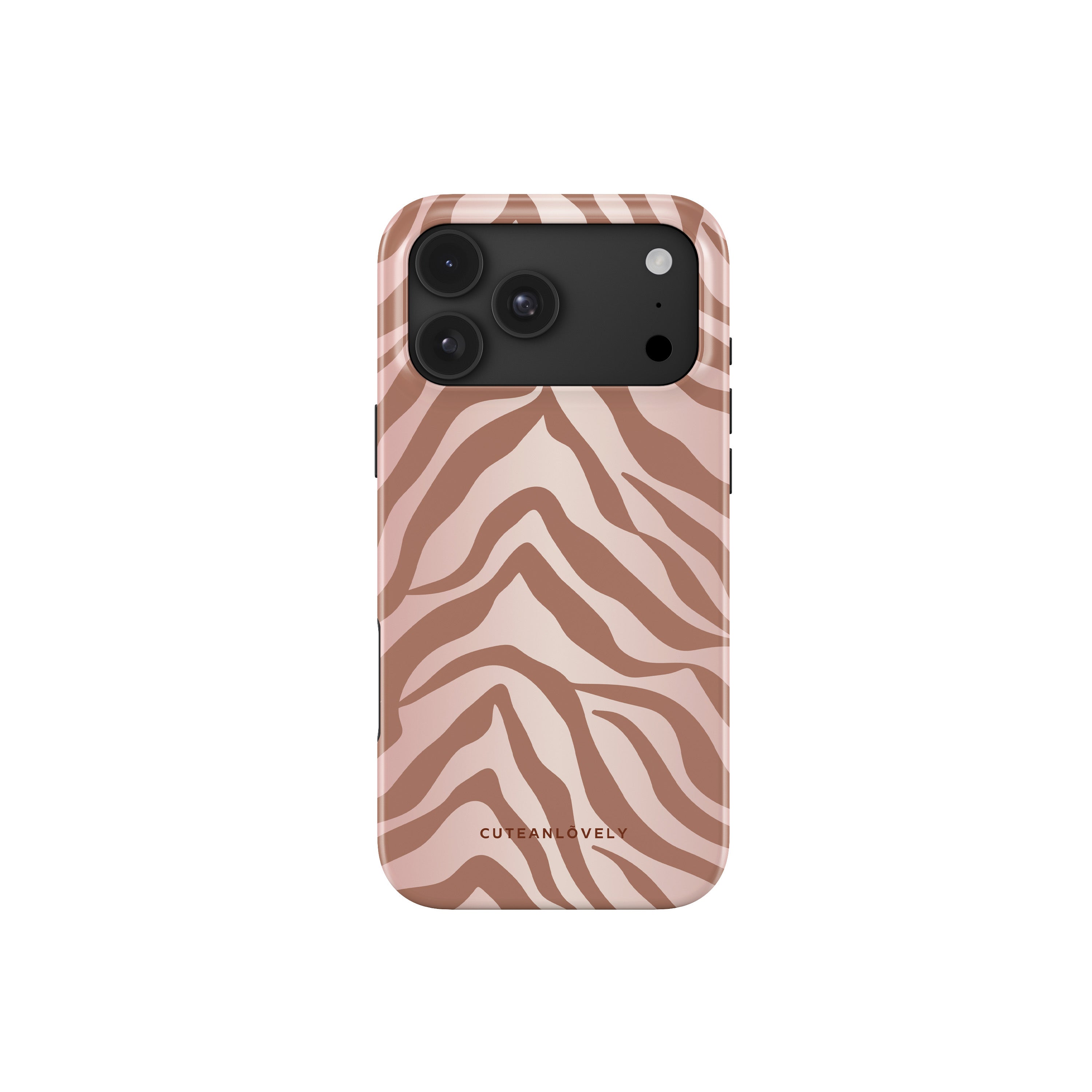 Ombre Tiger Print MagSafe case for iPhone 17 Pro Max in warm brown tiger stripes on glossy blush pink background, back view - CUTEANLOVELY
 Main image